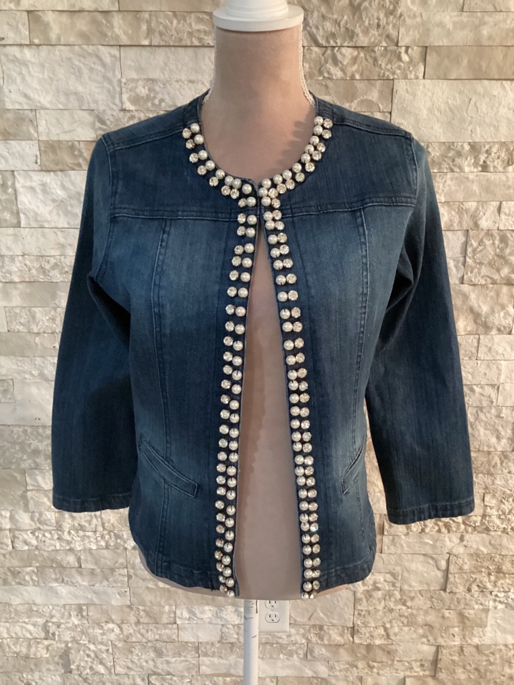 Joan Rivers Faux Pearl and Rhinestone Embellished Denim Jacket (NWOT)